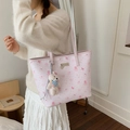Pink cartoon print tote bag with plush bear charm and spacious shoulder strap design - With Charm / Pink