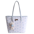 Light blue cartoon tote bag with plush dog charm and silver plate on white background - With Pendant / Blue