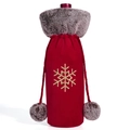 Red plush wine bottle cover with gold snowflake embroidery and faux fur trim collar - Snowflake