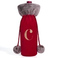Funda de terciopelo rojo para vino con piel sintética gris y letra C bordada en oro - Letra C