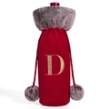 Plush red wine bottle cover with grey faux fur collar and golden embroidered letter D - Letter D