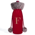 Red velvet wine bottle gift bag with faux fur trim and gold letter F embroidery - Letter F