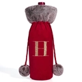 Red velvet wine bottle cover with grey faux fur collar and gold embroidered H - Letter H
