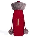 Red velvet wine bottle cover with grey faux fur collar and golden embroidered letter I - Letter I