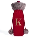 Red velvet wine bottle cover with grey faux fur collar and gold embroidered letter K - Letter K