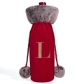 Christmas red velvet wine bottle cover with grey faux fur collar and gold embroidered letter L - Letter L