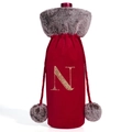 Red velvet wine bottle cover with grey faux fur trim and gold embroidered letter N - Letter N
