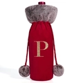 Red velvet wine bottle cover with grey faux fur and golden embroidered letter P - Letter P