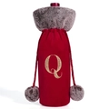 Burgundy velvet wine bottle gift bag with faux fur trim and gold embroidered letter Q - Letter Q
