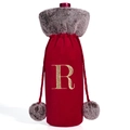 Red velvet wine bottle cover with grey faux fur collar and golden letter R embroidery - Letter R
