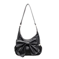 Bolso hobo retro de cuero negro con lazo grande y ribete de encaje blanco para mujer - Negro