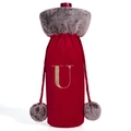 Red velvet Christmas wine bottle cover with grey faux fur collar and gold embroidered U - Letter U