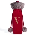 Red velvet wine bottle cover with faux fur collar and gold embroidered letter V - Letter V