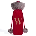 Red velvet wine gift bag with grey faux fur trim and gold embroidered letter W - Letter W