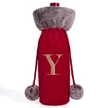 Red velvet wine bottle gift bag featuring grey faux fur trim and gold embroidered letter Y - Letter Y