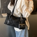 Large black nylon shoulder tote bag with a matching coin purse and leather straps - Black