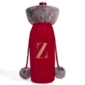 Red velvet Christmas wine bottle cover with grey faux fur and golden letter Z embroidery - Letter Z