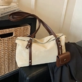 Cream faux leather shoulder bag with brown straps, silver rivets and mini coin pouch - Off White