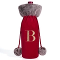 Bolsa de vino de terciopelo rojo con piel sintética gris y letra B bordada en oro - Letra B