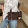 Vintage dark brown crossbody bag in faux suede with buckles and small pouch attachment - Coffee