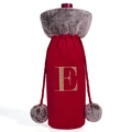 Red plush wine bottle cover with grey faux fur trim and gold embroidered letter E - Letter E
