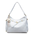 Vintage light blue leather tote bag for women with golden buckle and plush bear charm - Blue
