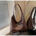 Retro dark brown leather tote bag with elegant bow detail and shoulder strap design - Coffee