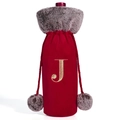 Red velvet wine bottle cover with grey faux fur and gold embroidered letter J - Letter J