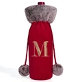Red velvet wine bottle cover with grey faux fur collar and gold letter M embroidery - Letter M