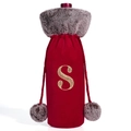 Plush red wine bottle cover featuring grey faux fur collar and gold embroidered letter S - Letter S