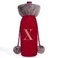 Velvet wine bottle gift bag in burgundy with grey faux fur trim and gold embroidered X - Letter X