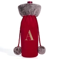 Bolsa de regalo para vino en terciopelo rojo con cuello de piel y letra A bordada - Letra A