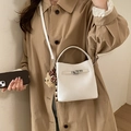 White faux leather bucket bag with silver twist lock and cute plush bear charm accessory - With Charm / White