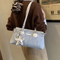 Blue glitter bowling bag for women with silver star charm and metallic FASHION tag - Silver (With Pendant)
