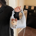 Light blue pleated cloud bag with metallic chain strap and cute bear charm accessory - Blue (With Pendant)