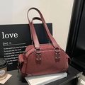 Deep red leopard texture shoulder bag with dual handles and silver rivet accents - Red
