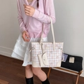 Sweet pink gingham tote bag for women with bow patterns and matching small pouch - Off White