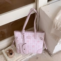 Sweet pink checkered tote bag featuring a cute bear charm and a matching mini pouch - Pink