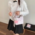 Trendy pink patterned bucket bag for women featuring white teddy bear plush charm - Pink with Pendant