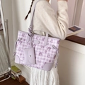 Sweet purple checkered tote bag featuring cute bear prints and large capacity design - Purple