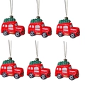 Detail of 6-piece red vintage car Christmas ornaments with silver glitter and tiny trees - Vintage Car (Model 1)