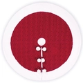 Red cable knit Christmas tree skirt with white plush trim and pom-pom ties on white background - Red and White Pompom
