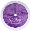 Purple plush Christmas tree skirt with white embroidered winter wonderland text and snowflakes - 92cm / Purple