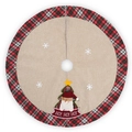 Detail of 36-inch burlap Christmas tree skirt with plaid border and Santa snowflake appliques - Santa Claus Style