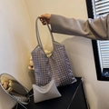 Silver rhinestone tote bag set with matching pouch and sparkling grid pattern - Gray