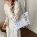 Light blue and white tote bag with heart and cat prints and a plush dog charm - With Charm / Blue