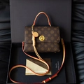 Vintage brown monogram crossbody bag with golden clasp and red edge shoulder strap - Coffee & Apricot