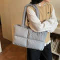 Grey quilted puffer tote bag with soft padded handles for women daily commute - Gray