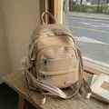 Beige faux leather backpack for women with woven strap and plush ball charm accessory - With Charm / Khaki