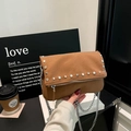 Retro tan suede shoulder bag with silver rivet studs and chain strap detail - Brown